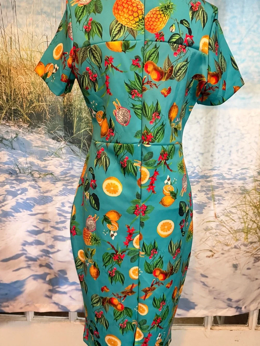 New York & Company Turquoise Pineapple & Citrus Print Midi Dress